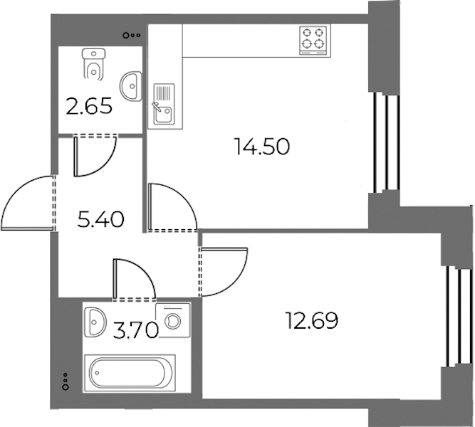 1-комнатная квартира 38.94 м², 2/13 эт., ЖК «Огни Залива»